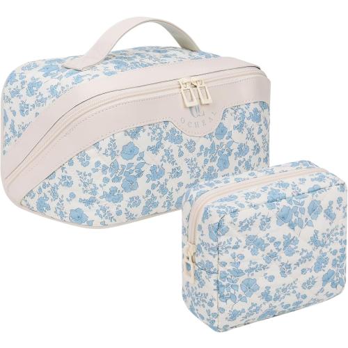 Travel Makeup Bag Organizer Cosmetic Bag, 2Pcs Floral Make up Bag Portable Pouch Open Flat Pouch Clear Divider and Handle