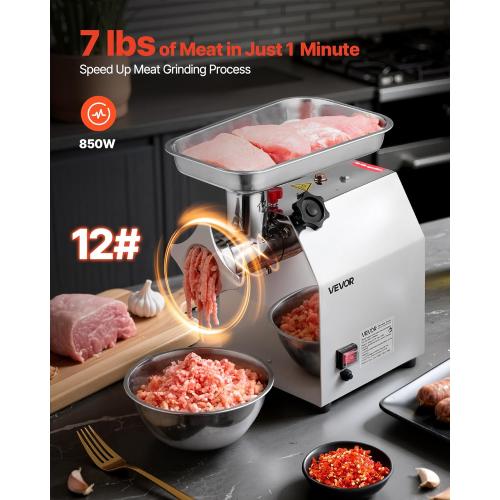 VEVOR Commercial Electric Meat Grinder, 7 lbs/min Capacity, #12 Industrial Meat Mincer with 2 Stainless Steel Blades, 2 Grinding Plates, 850W Heavy-Duty Sausage Maker Stuffer, for Kitchen, Restaurant