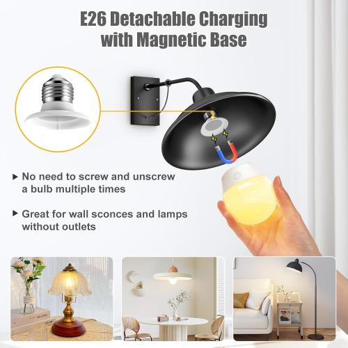 Brightown E26 Rechargeable Light Bulb with Remote Timer and 3 Color Temperatures, Battery Backup Bulb for Sconces and Lamps, E26 Detachable Charging for Non-Hardwired Fixture, Dimmer, 700LM