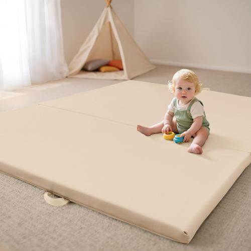 Beige Bella’s Friends Foldable Baby Play Mat for Floor, 47x47 Vegan Leather Playpen Mat, 1.5 Extra Thick Foam, Non-Toxic, Wipe-Clean, Travel-Ready, Non-Slip Crawling Mat for Kids Toddlers&Infants, Beige