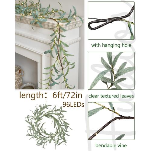 Fudios Lighted Olive Garland Battery Operated with Timer 96 LED Fairy Lights 6ft, Mantle Fireplace Vine Garland with Lights for Spring Easter Decoration Christmas Valentines Wedding Party