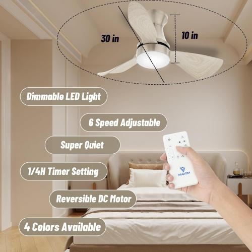 30 Inch Flush Mount Ceiling Fan with Light - Small Ceiling Fan with Light for Bedroom/Kids Room/Small Room - Low Profile Design - Indoor/Outdoor Use - 3 Blades Gray