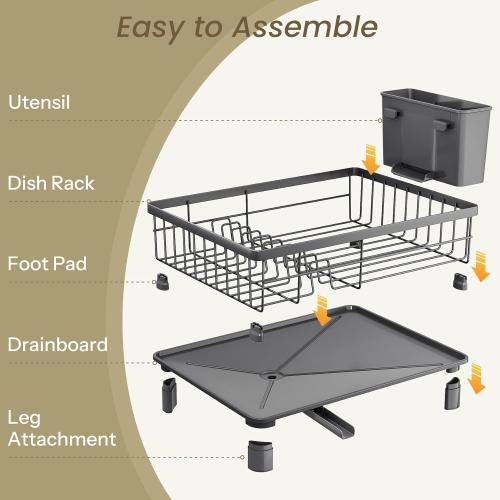 SNTD Dish Drying Rack - Small Dish Rack for Kitchen Counter, Stainless Steel Dish Drainer with Utensil Holder and Drainboard, 11 W x 15 L (Grey)