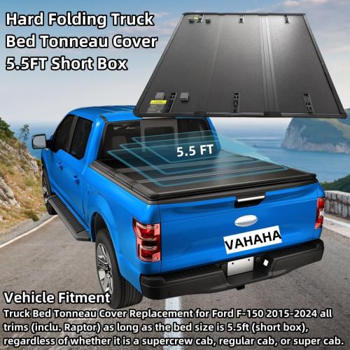 Hard Folding Truck Bed Tonneau Cover 5.5FT Short Box Replacement for Ford F-150 2015 2016 2017 2018 2019 2020 2021 2022 2023 2024 Tri-Fold Style Waterproof Tonneau Covers Vahaha