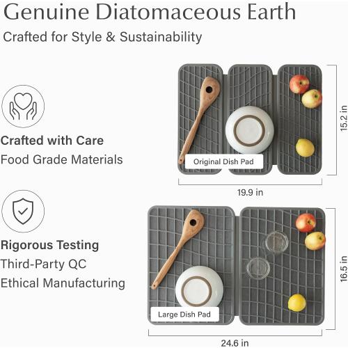 Dish Pad - Collapsable Stone Dish Drying Mat with Diatomaceous Earth for Quick Drying - Ultra Absorbent - Encased in Silicone - Eco-Friendly, Foldable - Original 19.9x15.2, Slate