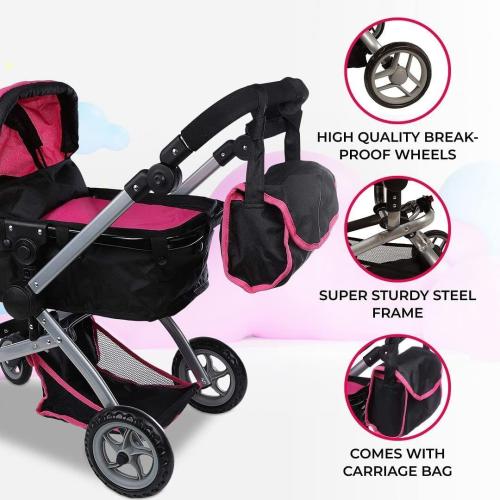 Mommy & Me Babyboo Doll Pram Foldable Doll Stroller with Basket, Convertible Seat, Adjustable Handle, Swiveling Wheels, and Free Carriage Bag (Multi Function) - Hot Pink