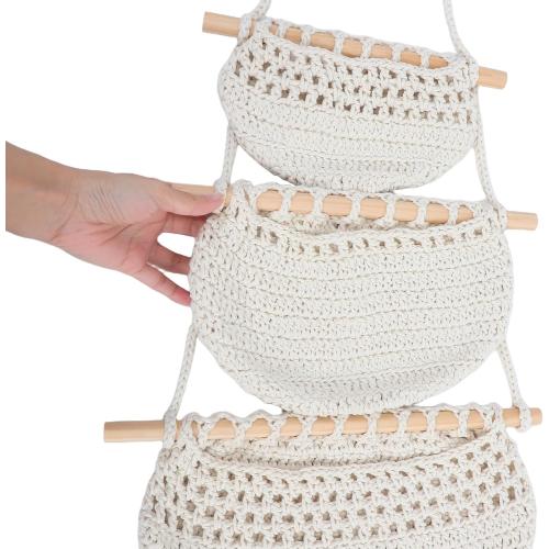 Convenient Fruit Basket Hanging Storage Basket Made of Cotton Rope and Wood with Practical Design and Fresh-keeping Feature for Living Room and Dining Room