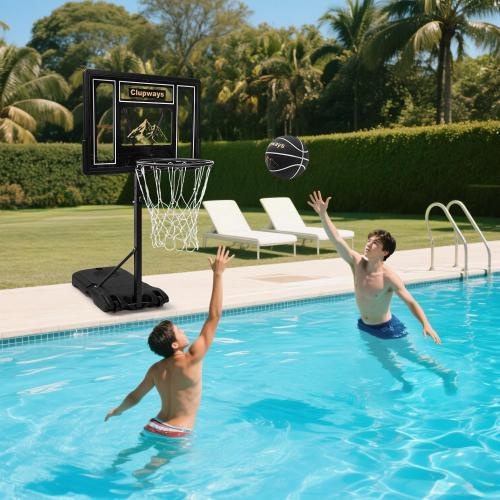 Color Black Pool Basketball Hoop Poolside Height Adjustable Portable Basketball Hoop for Pool with Shatterproof Backboard and Weather-Resistant Steel Screws/Brackets, Includes Ball and Air Pump