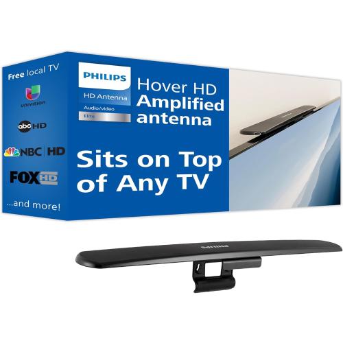 Philips Hover Amplified HD Digital TV Antenna, Long Range Smart TV Antenna, Easy Mount on Top of TV Design, Supports 4K 1080P HD VHF UHF, Signal Booster, Coax HDTV Cable/AC Adapter, SDV7219N/27