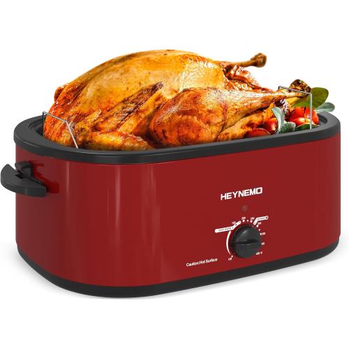 26 Quart Electric Roaster Oven with Visible & Self-Basting Lid, Large Turkey Roaster with Defrost Warm Function, Adjustable Temperature, Removable Pan Rack, Stainless Steel, Red