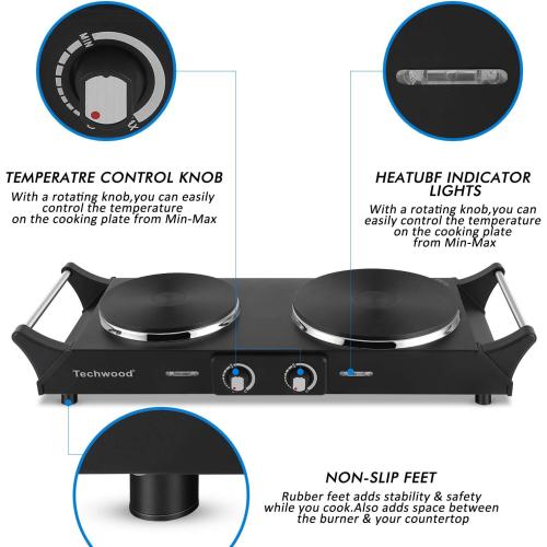 Techwood 1800W Hot Plate Portable Electric Stove Countertop Double Burner with Adjustable Temperature & Stay Cool Handles, 7.5” Cooktop for RV/Home/Camp, Compatible for All Cookwares