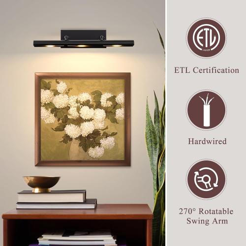 BELS Picture Lights for Wall Hardwired, 24 Black Wall Lights for Pictures,3-Light 2700k,Non-Dimmable, 270° Adjustable Swing Arm, Hardwired Wall Light for Artwork Poster Portrait Library Display
