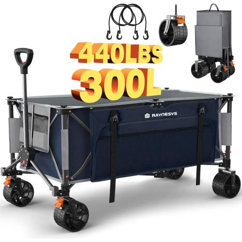 Beach Wagon Cart with Big Wheels for Sand, 440lbs 300L Upgraded Folding Wagon Foldable Cart, Heavy Duty Collapsible Wagon