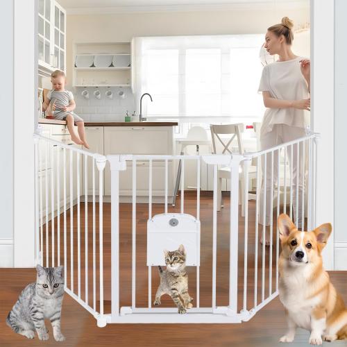 81.11 Extra Wide Baby Gate with Cat Door, Auto Close Pet Gates Dog Gate, Hardware Mounted Walk Through Swing Safety Baby Gates for Stairs, Doorways, Kitchen, House, 30 Tall, 3 Panels