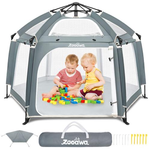 Zooawa Pop Up Playpen for Baby, Portable Playpen for Babies and Toddlers with Removable Sun-Shades& 2 Side UV Covers, Lightweight Outdoor Baby Playpen for Beach Home with Travel Bag,Light Gray