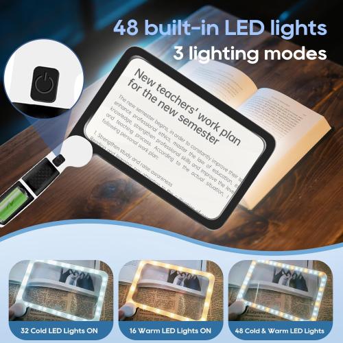 [Upgraded] 5X Magnifying Glass with Light, 48 LED Handheld Full Page Magnifier for Reading, Seniors, Low Vision, Foldable, Battery Powered, Great Gift for Parents & Elderly