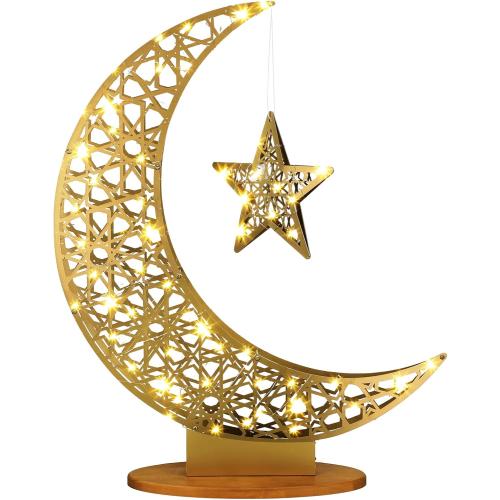Tujoe Large Metal Ramadan Moon Stand Lights Decorations for Home Iron Eid Mubarak Star Crescent Moon Lamp LED Light Stand Eid Craft Table Centerpiece Home Islamic Gift(20.4 x 17.3 Inch,Modern Style)