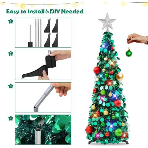 N&T NIETING Pop Up Christmas Tree with Lights, Collapsible Tinsel Xmas Tree Decorations, Pencil Christmas Tree Skinny Tree for Holiday Xmas Home Office Decor, 25 Balls, 3Ft, Peacock Blue