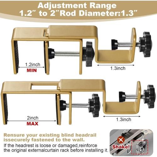 Outside Mounted Blinds Curtain Rod Bracket,Adjustable 1.2 - 2 Inch Width Track,Tool-Free and Drill-Free, Ideal for Living Rooms,Bedrooms,Restaurant and Offices Curtain Rod Brackets(Gold,2Pack)