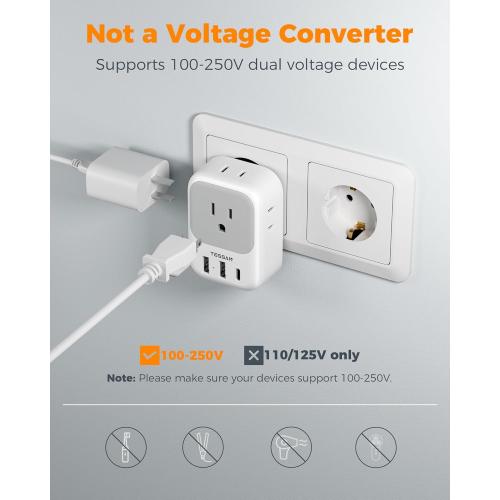 3 Pack European Plug Adapter USB C, TESSAN US to Europe Adapter 4 Outlets 3 USB Charger, Type C International Power Adaptor to Italy Spain France Portugal Iceland Germany, Europe Travel Essentials
