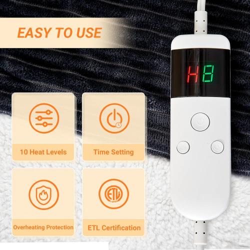 Heated Blanket Electric Throw, Soft Flannel Heating Blanket with 8 Hours Auto Off 10 Fast Heating Levels Machine Washable Sherpa Heated Blanket with Overheating Protection