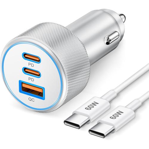 67W 3-Port Super Fast Type C Car Charger USB C for iPhone 17/Air/16/16e/15 Pro Max, Samsung Galaxy S25 S24 S23, Pixel, Android, Car Adapter Accessories for Men Women   3FT USB-C Cable Silver