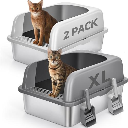 2 Pack Stainless Steel Cat Litter Box with Lid, XL Extra Large Metal Box for Big Cats, 24 L x 16 W x 12 H, Enclosed Litter Box High Sided, Non-Sticky, Include Litter Scoop