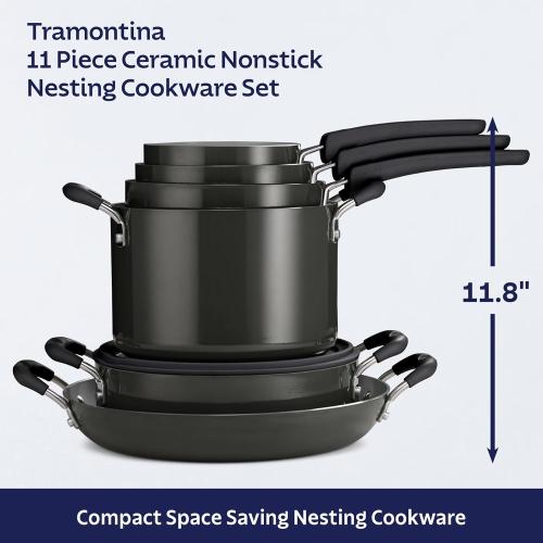 Tramontina Ceramic Non Stick 12-Piece Nesting Pots and Pans Set with Lids - Stackable Nonstick Cookware Set, Dishwasher and Oven Safe, Dark Gray
