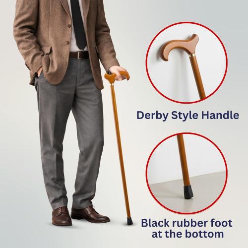 Dress Up America Classic Wooden Walking Cane – Lightweight Wooden Cane with Rubber Tip, 35.5” & 32” Everyday Walking Stick for Men & Women, Derby Handle Formal Accessory for Events & Daily Use