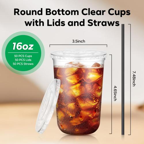 50PCS 16 oz Round Bottom Plastic Cups with Lids and Black Straws, Clear To Go Iced Coffee Smoothie Juice Cups, Disposable Cold Drink Bubble Tea Party Cups for Catering, Christmas, Birthdays, Takeout