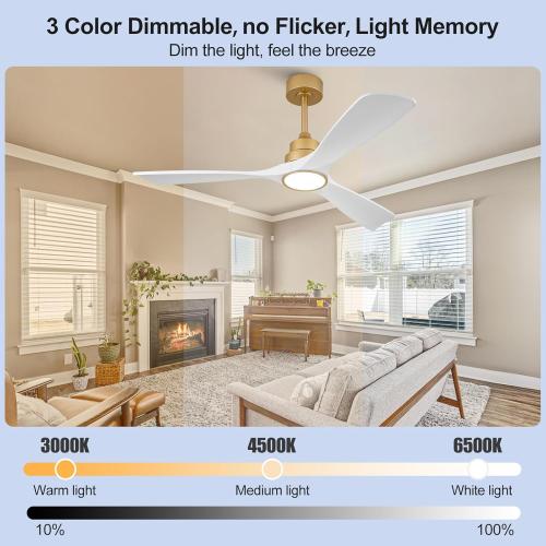 52 Inch White and Gold Ceiling Fans with Lights and Remote, 3 Blade Wood Outdoor Ceiling Fan with Light Outdoor Ceiling Fans for Patios, Bedroom Ceiling Fan for Modern Living Room Patio Indoor Office