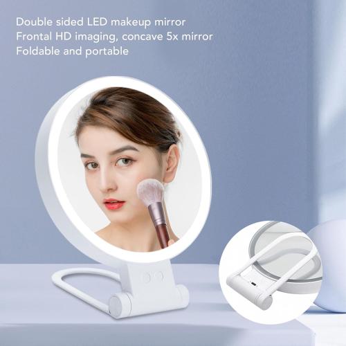 Fockety 5X Magnifying Mirror with Light, 1X Normal Mirror USB Rechargeable LED Makeup Vanity Mirror 3 Light Modes and Folding Handle Adjustable Brightness for Travel, Dorm, Bathroom