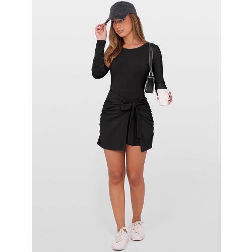 Size L....Women Long Sleeve Tennis Dress 2026 Fall Bodycon Tie Waist Romper Skorts Athletic Mini Dresses Built in Shorts