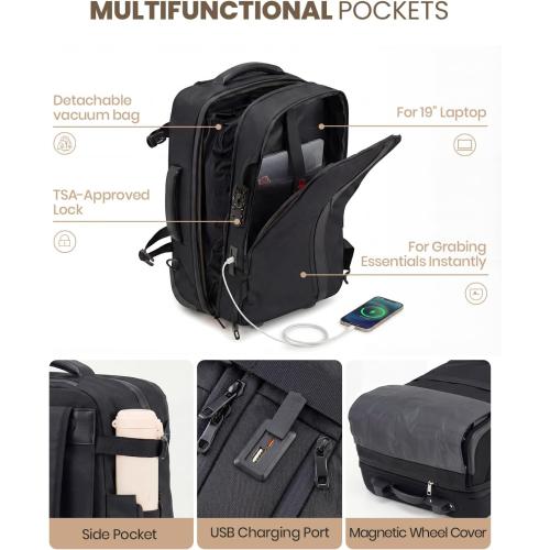 Fanwoli Rolling Vacuum Backpack Travel with One-Button Compression, Expandable Carry-On Suitcase Luggage, Approved TSA Lock & Water-Proof Laptop Compartment for Outdoor/Family/Business Trips