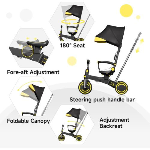 WinHope 9-in-1 Push Tricycle for Toddlers 1-3 Years, Convertible Kids Trike with Push Handle & Safety Belt, One-Client Foldable Design   Storage Basket, Birthday Gift and Toy for Boys and Girls(Black)