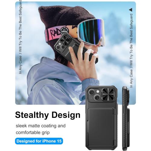 for iPhone 15, iPhone 14, iPhone 13 Wallet Case with Card Holder(4-5 Cards), Slide Camera Cover, Military Drop & RFID Protection, Heavy Duty Women Men Phone Case for iPhone 15/14/13, Black