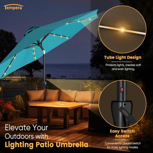 Tempera Teal Solar Patio Umbrella 40 LED Lighted Outdoor Umbrella Table Market Umbrella with Push Button Tilt and Crank, Solar Umbrella with Sturdy Pole&Fade Resistant Canopy, Easy to Set