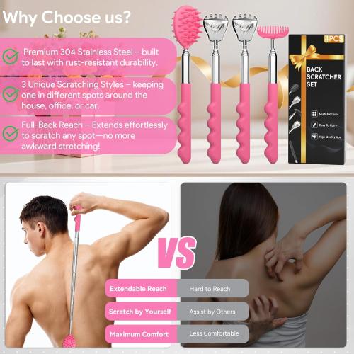 Gumry Versatile Back Scratcher - Portable Telescoping Extendable Back Massager Tool with Different Heads & Rubber Handles, Stocking Stuffers & Birthday Gifts for Women, Mom, Her, Men - Pink