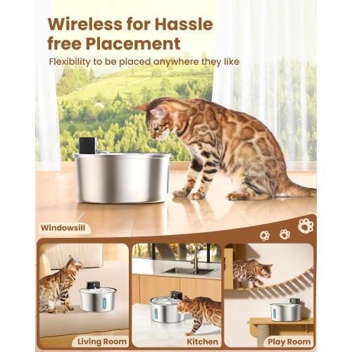 PawPoll Wireless Cat Water Fountain Stainless Steel - 3.2L/108oz Cordless Pet Water Fountain Battery Operated Cat Water Dispenser Ultra Silent Rechargeable Water Fountains for Cats and Dogs
