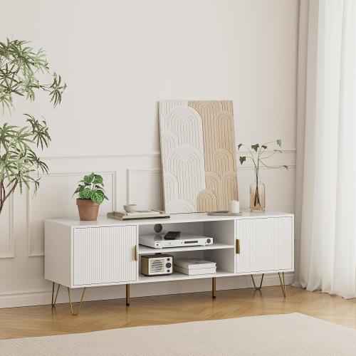 Apetaccat TV Stand for 55-65 Inch TV, Entertainment Center with Soft Hinge Door,TV Console Table with 2 Cabinets with Gold Handle and Feet,for Living Room, Bedroom, White