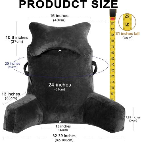 Reading Pillow-Extra Large 31 Bed Rest Pillow with Detachable Neck Roll & Arms for Sitting in Bed or Couch-Backrest Reading Pillow Adult Back Pillows for Reading,Watching TV,Gaming,Relaxing-Black