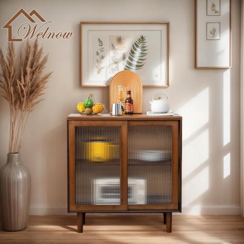 Welnow Buffet Cabinet, Bamboo Sideboard with Storage Kitchen Display Cabinet with 2-Tier Shelves Boho Coffee Bar Tables for Kitchen, Living Room, Entryway, Office, Walnut | 32.7H, 2-Tier Storage,Coffee Bar Cabinet with Fluted Glass Doors, Sideboard Cabinet for Kitchen, Living Room, Entryway