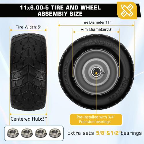 11x6.00-5 Flat Free Tire,2 Pack Tires for Zero Turn Mower With 3/4 & 5/8 & 1/2 Bearing,6-8 Centered Hub,11x6.00-5 Lawn Mower Tires with Bearing,Load 400lbs
