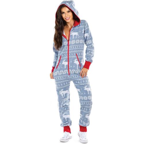 XL Women Hooded Fleece Pajamas 3D Printed Christmas Sleepwear 1-Piece Jumpsuit Homewear Romper