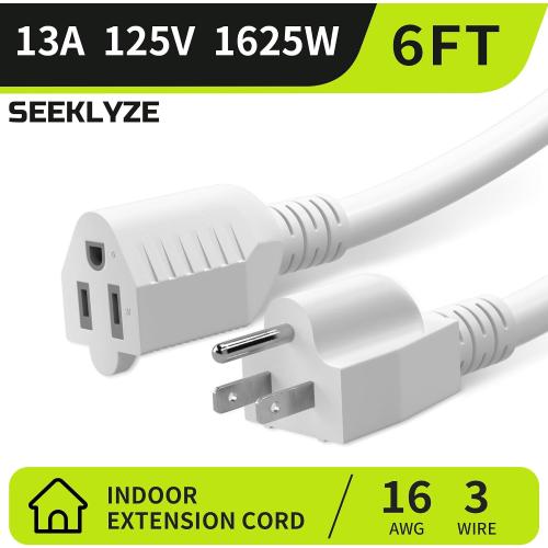 16/3 White Extension Cord 6 FT Indoor, Short Extension Cord