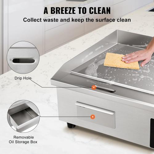 VEVOR Commercial Electric Griddle, 22, 1600W Countertop Flat Top Griddle, Stainless Steel Teppanyaki Grill w/Iron Cooking Plate, 122-572℉ Adjustable Temp Control 2 Shovels & Brushes, 110V