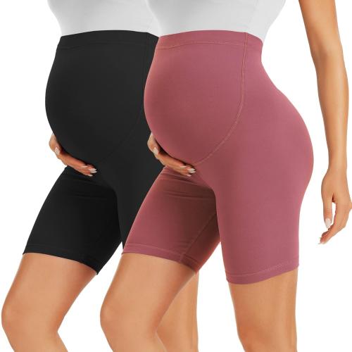 BONVIGOR Medium Black and Pink Buttercloud Maternity Shorts Over The Belly - 5/8 Biker Shorts for Pregnancy Workout Yoga Athletic Casual Lounge