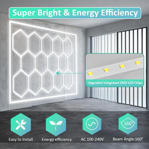 Hexagon Lights: Higher Brightness 900W, 96,200 LM, 6,500K Hexagon Garage Lights with Rectangle Frame, Hexagon LED Lights 14 Grid for Garage, Shopping Mall, Workshop