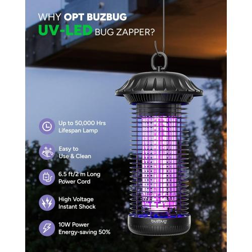 Buzbug LED Bug Zapper Indoor Outdoor, Up to 50000 Hrs Lifespan Lamp, Energy Saving & Dual Band Attraction, 5.6 ft Power Cord, High Voltage Mosquito Fly Zapper Trap Killer -MO008C