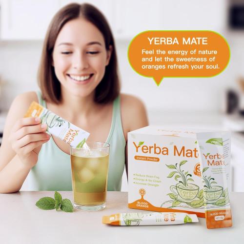WUEIS Yerba Mate Instant Tea Powder – Clean Energy, Prebiotic Support & Gut Health – Low Sugar, Natural Caffeine, Orange Flavor, 30 Single-Serve Sticks